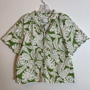 Karlie Womens Green White Monstera Leaf Tropical Ruffle Neck Button Up Top S